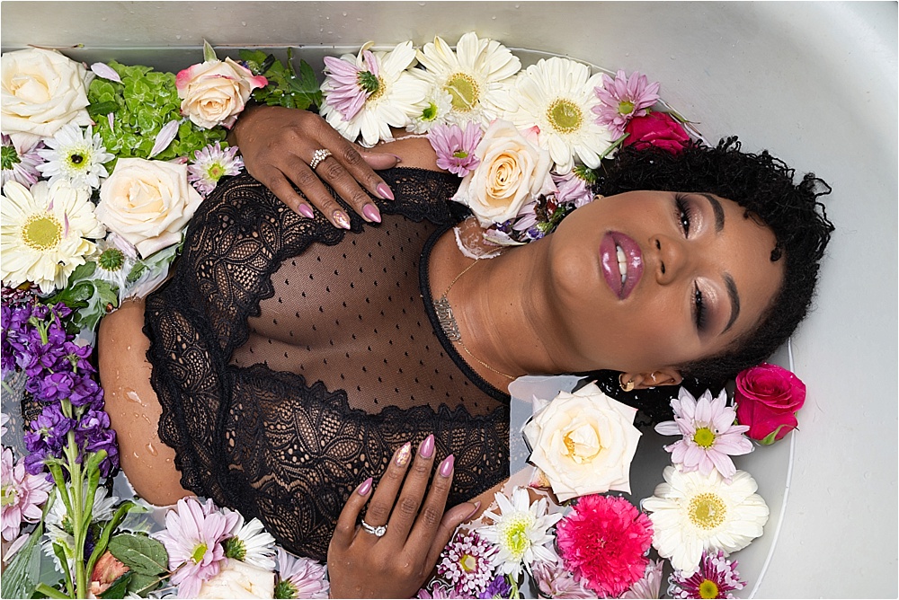 bath photos with flowers for boudoir shoot